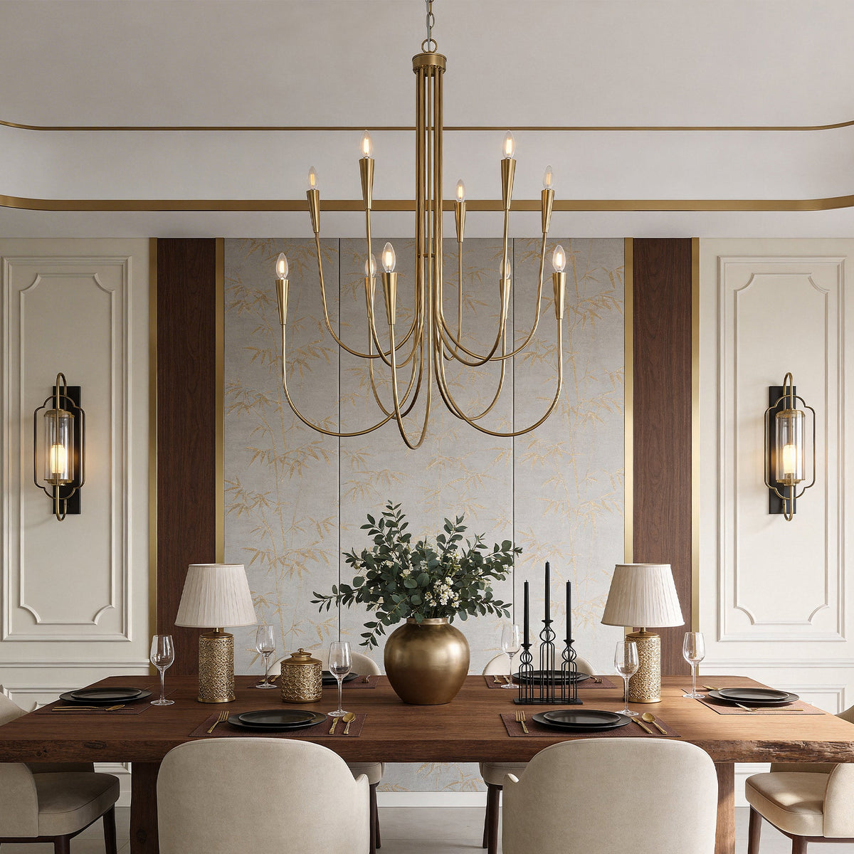 Ten-light brushed brass chandelier with curved arms hanging over a dining table