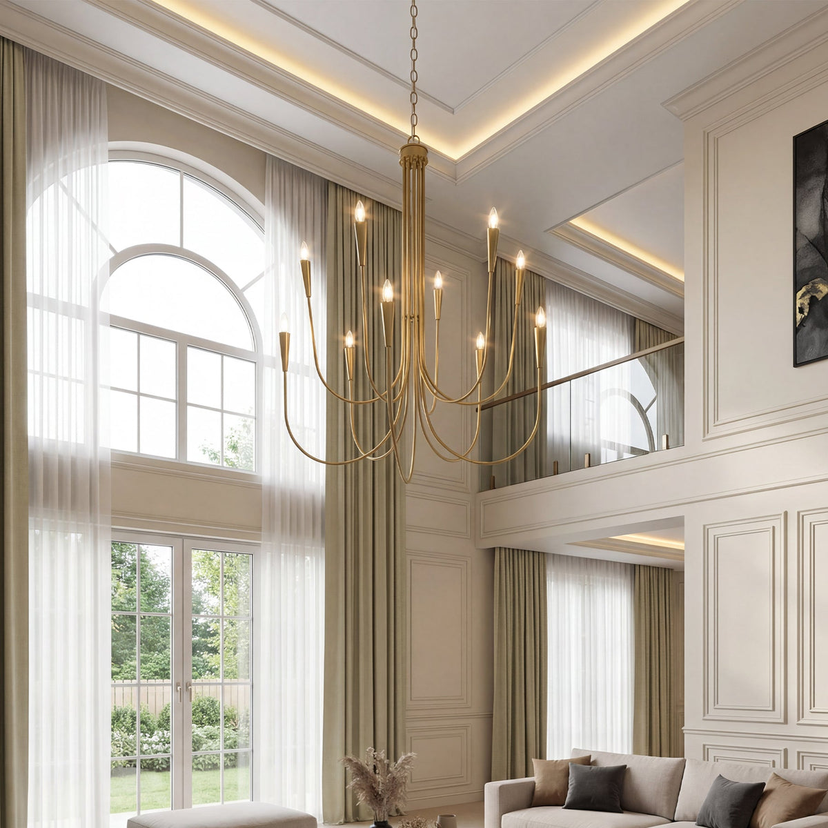 Ten-light brushed brass chandelier with U-shaped arms, adjustable, hanging in a high-ceilinged living room
