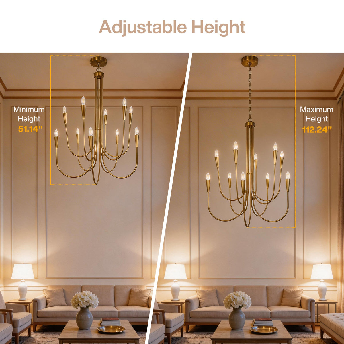 Ten-light brushed brass chandelier with U-shaped arms, shown at minimum height 51.14" and maximum height 112.24" in a living room