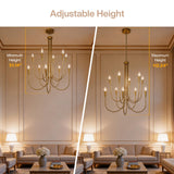 Ten-light brushed brass chandelier with U-shaped arms, shown at minimum height 51.14" and maximum height 112.24" in a living room