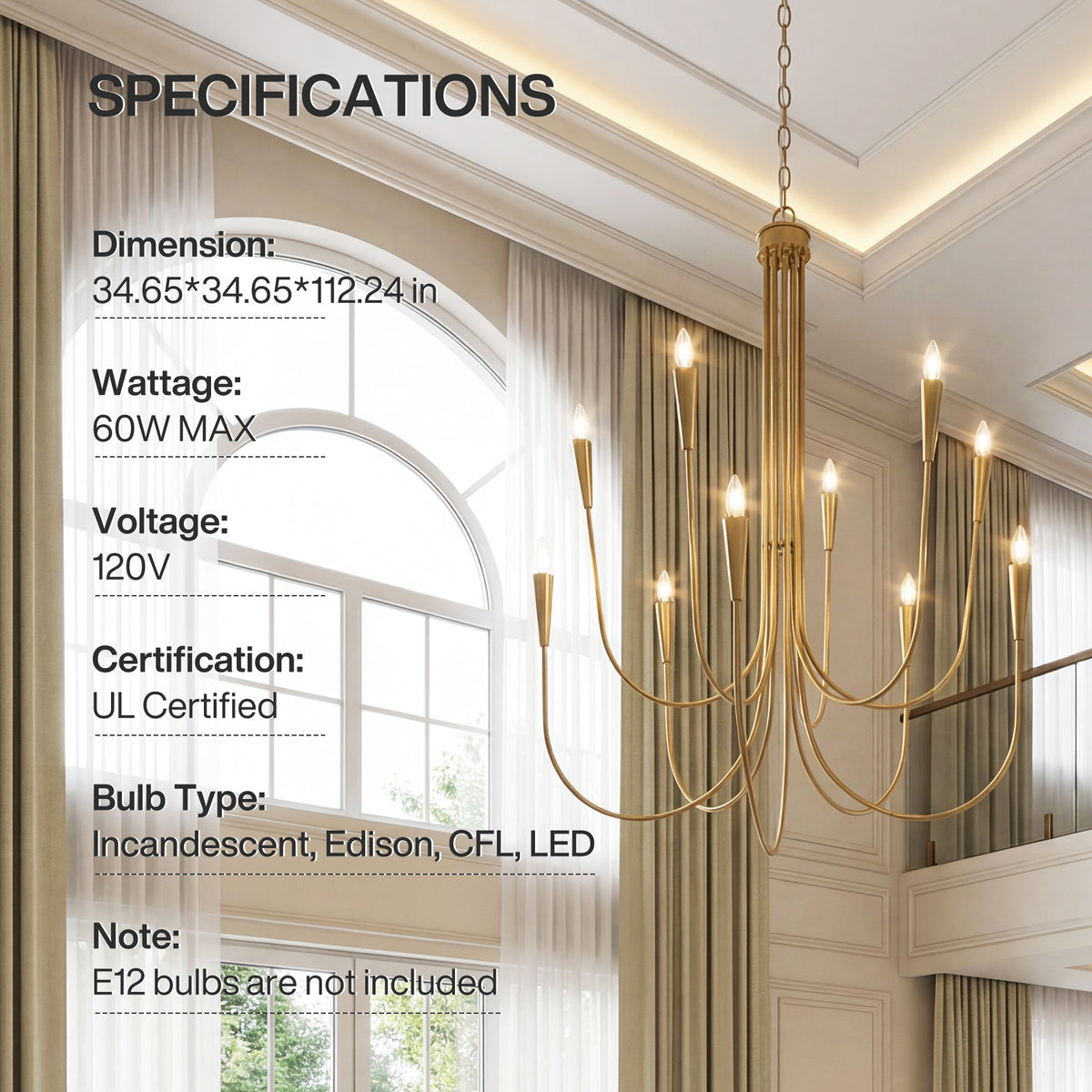 Ten-light brushed brass chandelier with curved arms, shown in a room with arched window and curtains, dimensions 34.65 x 34.65 x 112.24 in