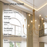 Ten-light brushed brass chandelier with curved arms, shown in a room with arched window and curtains, dimensions 34.65 x 34.65 x 112.24 in