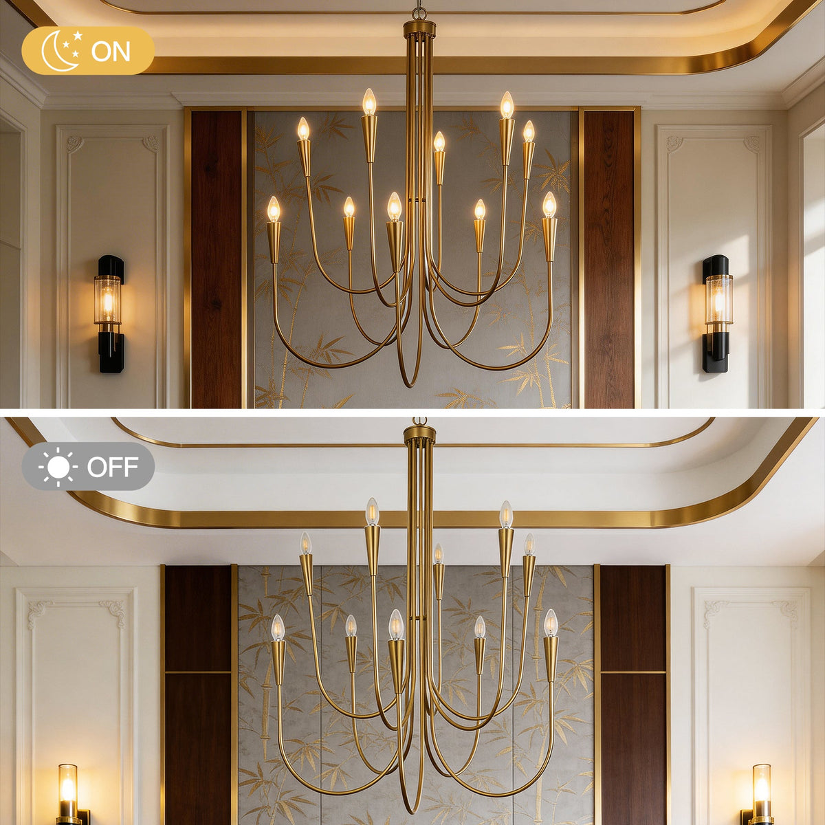 Ten-light brushed brass chandelier with curved arms, lit, in a room with wall sconces