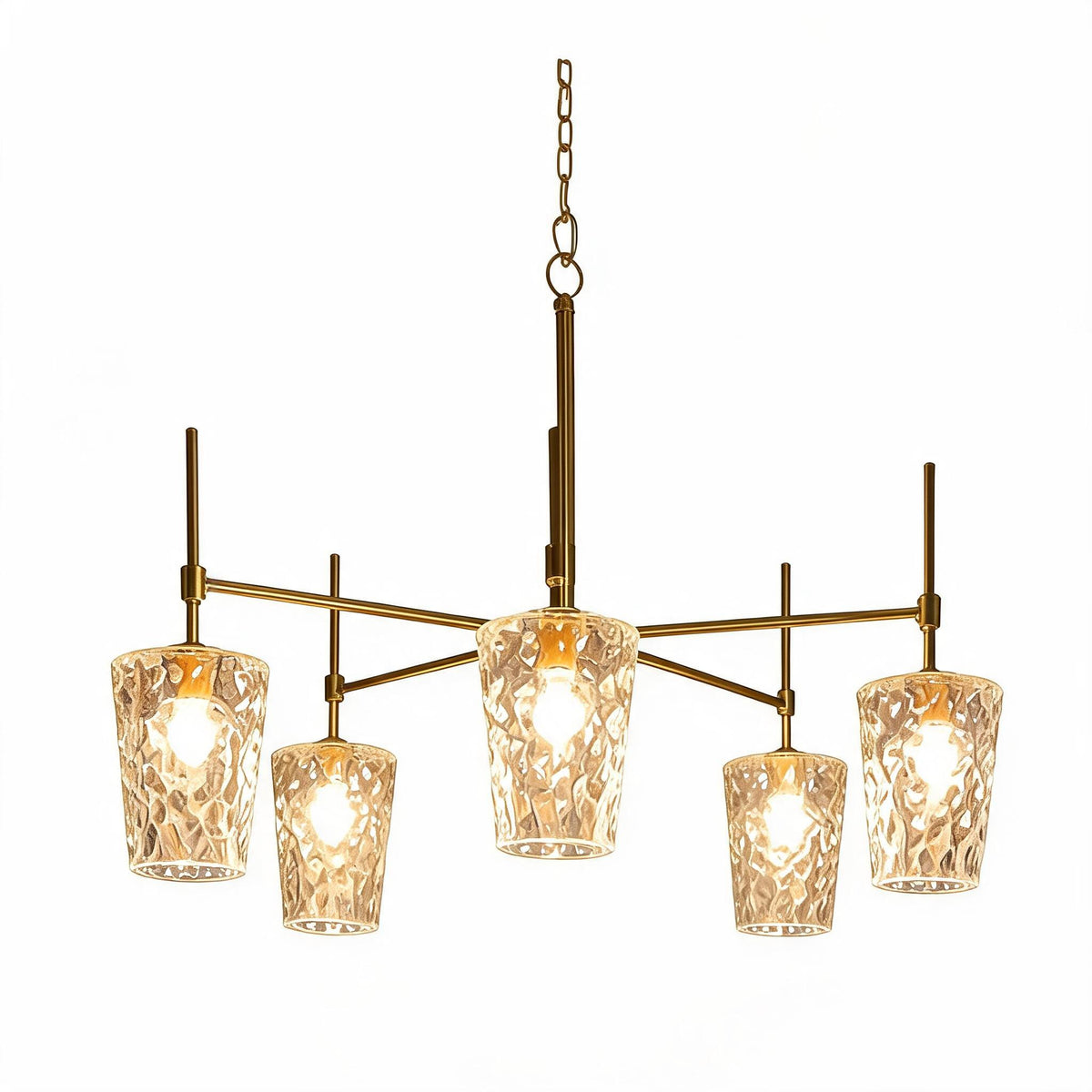Brushed Gold Five-Light Linear Chandelier with Water Ripple Glass