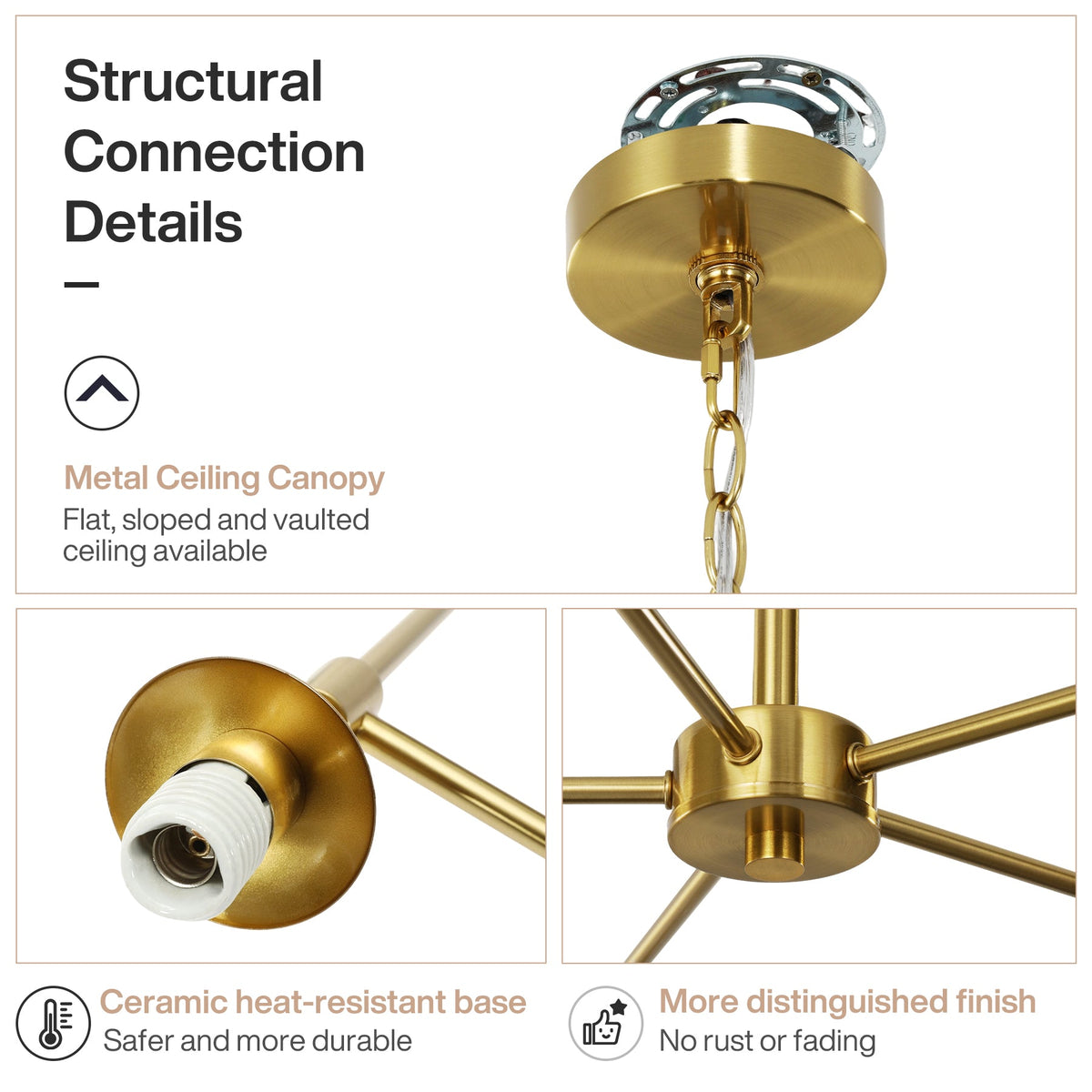 Brushed gold chandelier structural details showing metal canopy, ceramic base, and chain suspension