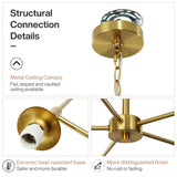 Brushed gold chandelier structural details showing metal canopy, ceramic base, and chain suspension