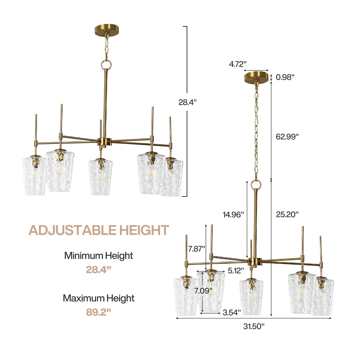 Brushed gold five-light chandelier with water ripple glass, adjustable height 28.4" to 89.2"