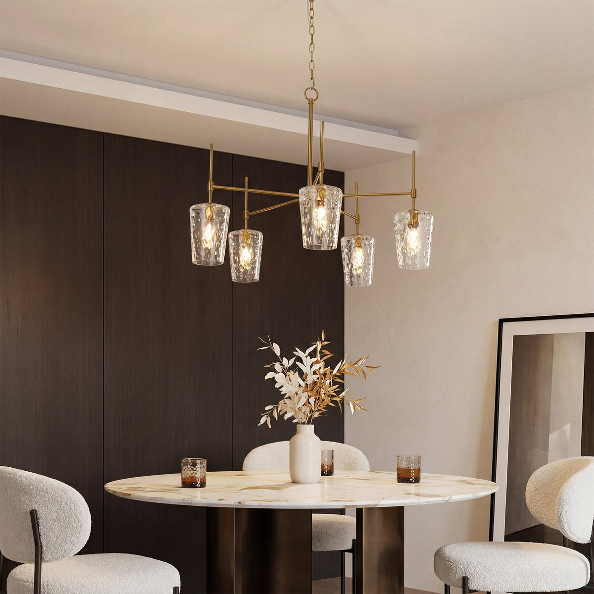 Brushed Gold Five-Light Linear Chandelier with Water Ripple Glass