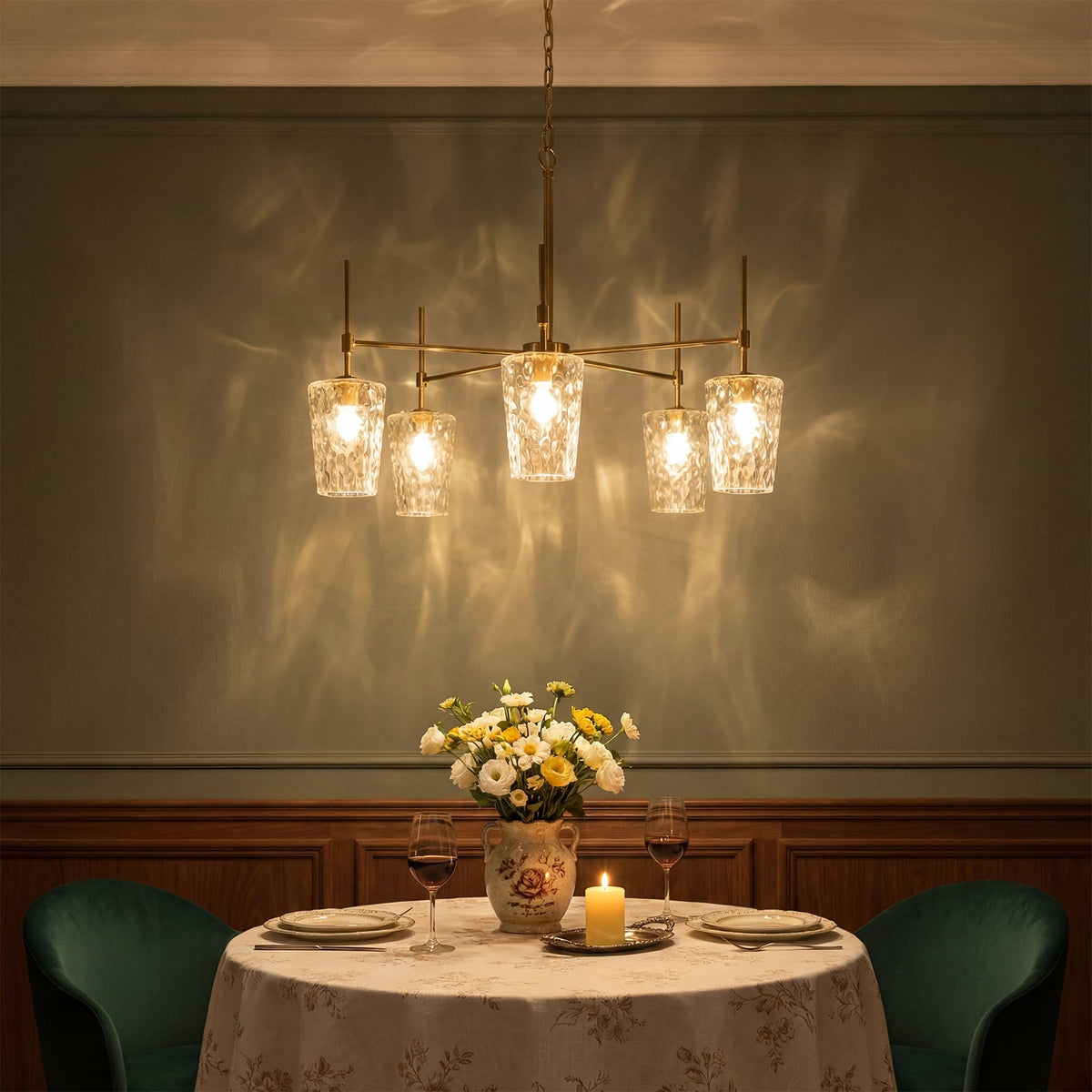 Brushed Gold Five-Light Linear Chandelier with Water Ripple Glass