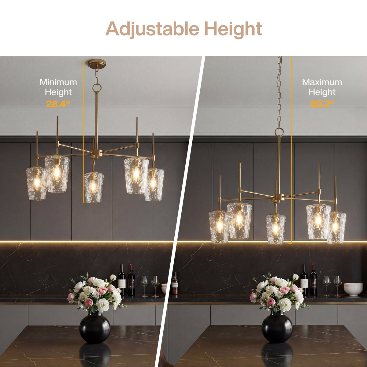 Brushed gold chandelier with water ripple glass, shown at minimum height 28.4" and maximum height 89.2" in a dining room