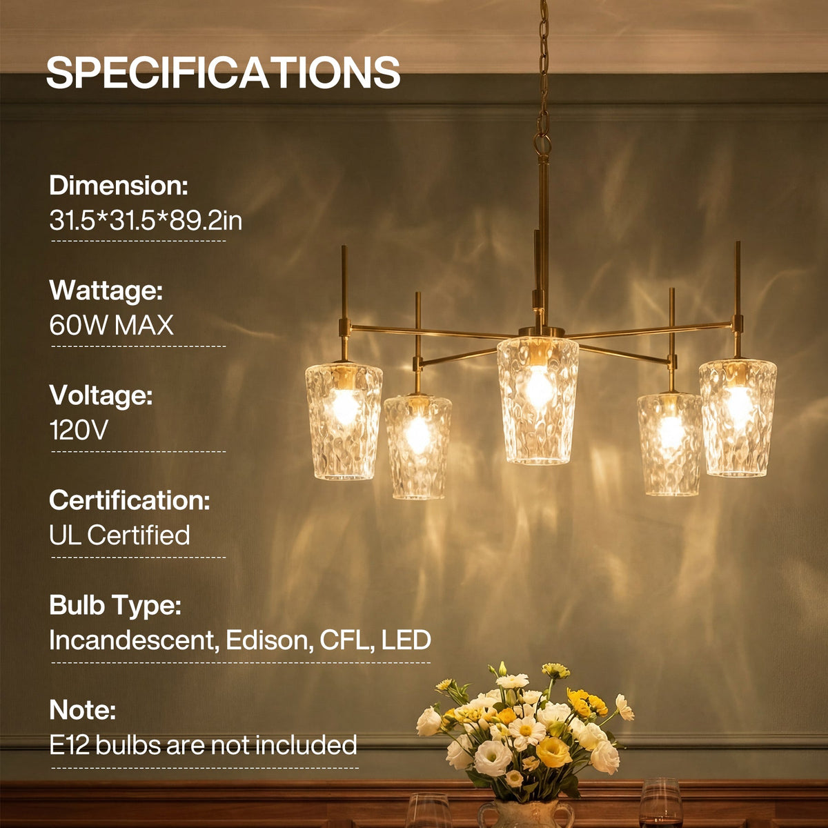 Brushed gold five-light linear chandelier with water ripple glass, 31.5*31.5*89.2in, shown over dining table with flowers