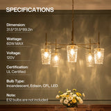 Brushed gold five-light linear chandelier with water ripple glass, 31.5*31.5*89.2in, shown over dining table with flowers