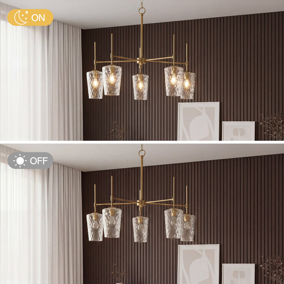 Brushed gold chandelier with water ripple glass shades, lit in a room with dark wood paneling