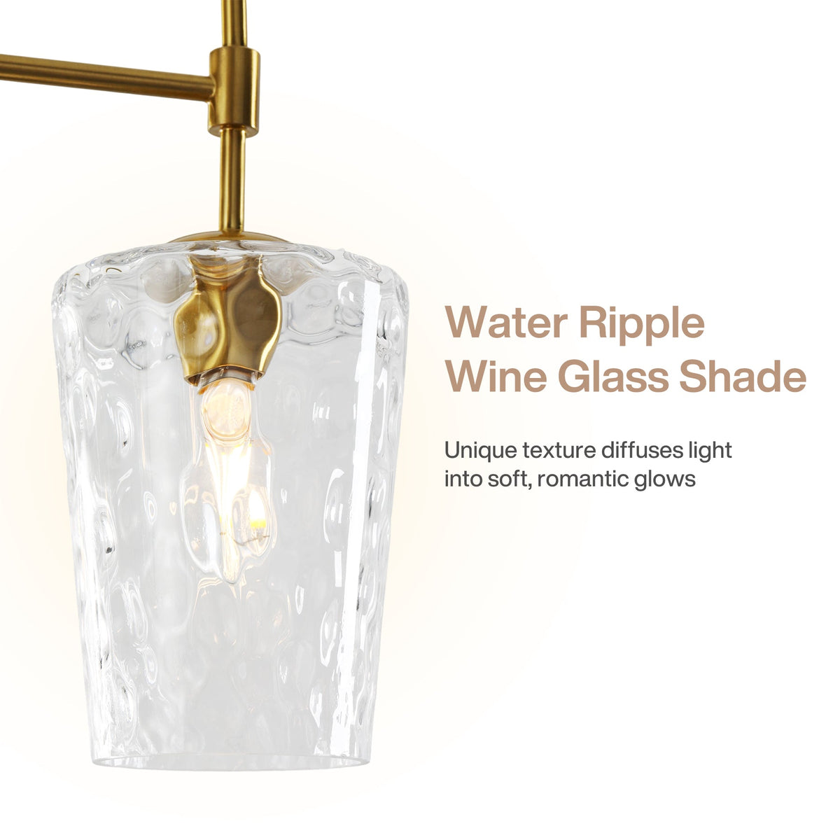 Brushed gold chandelier with water ripple glass shade, shown from side angle