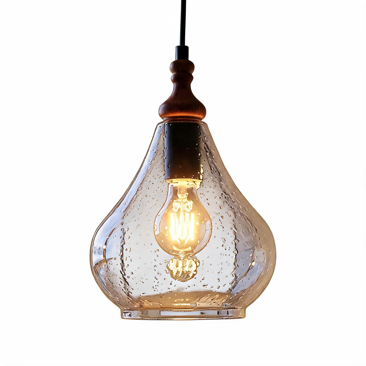 Farmhouse Seeded Glass Teardrop Pendant Light with Wood Accent