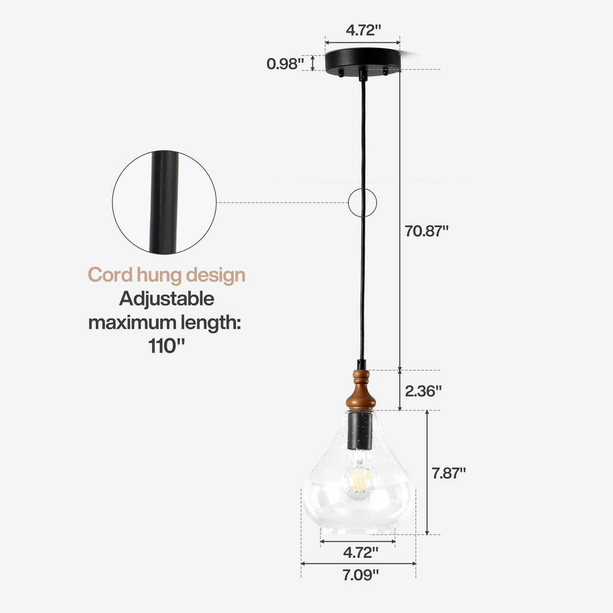 Farmhouse Seeded Glass Teardrop Pendant Light with Wood Accent