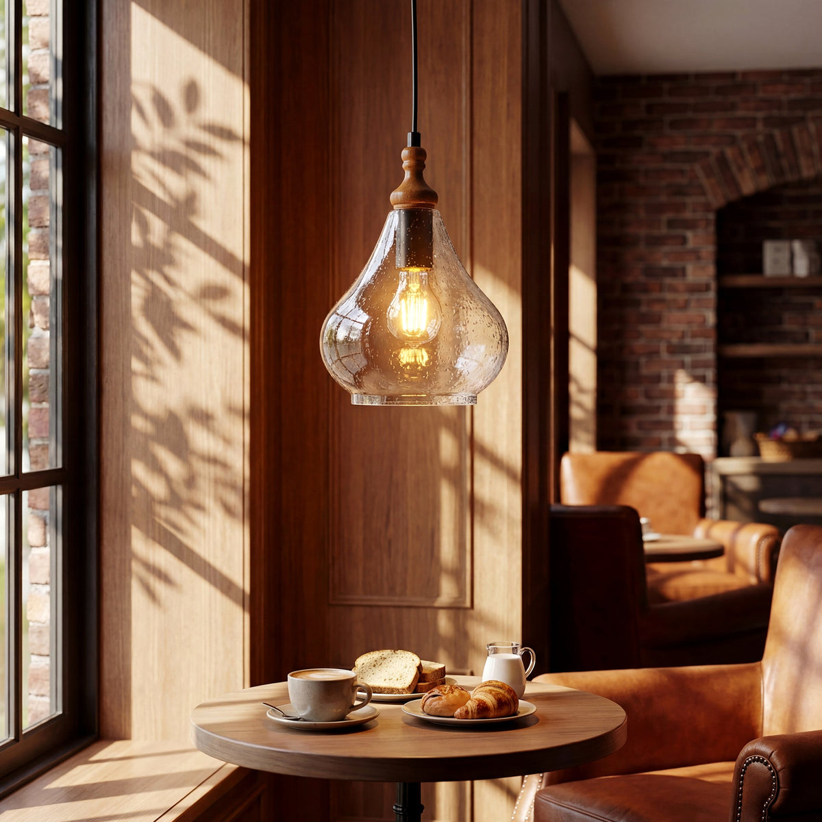Farmhouse Seeded Glass Teardrop Pendant Light with Wood Accent