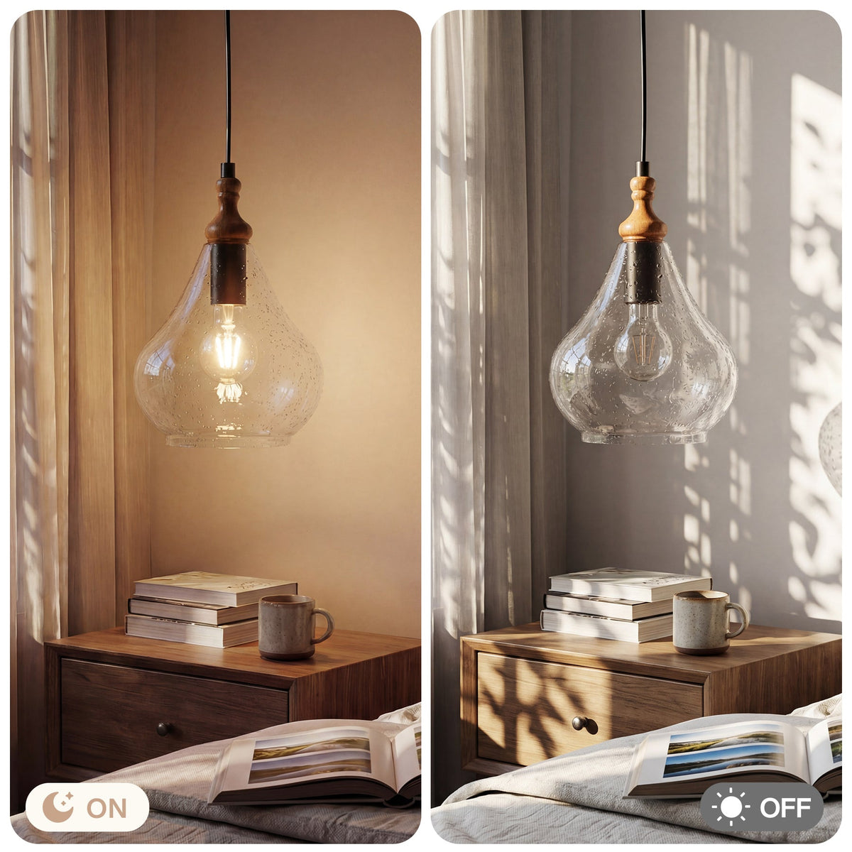 Farmhouse seeded glass teardrop pendant light with wood accent, lit, hanging over wooden nightstand in bedroom