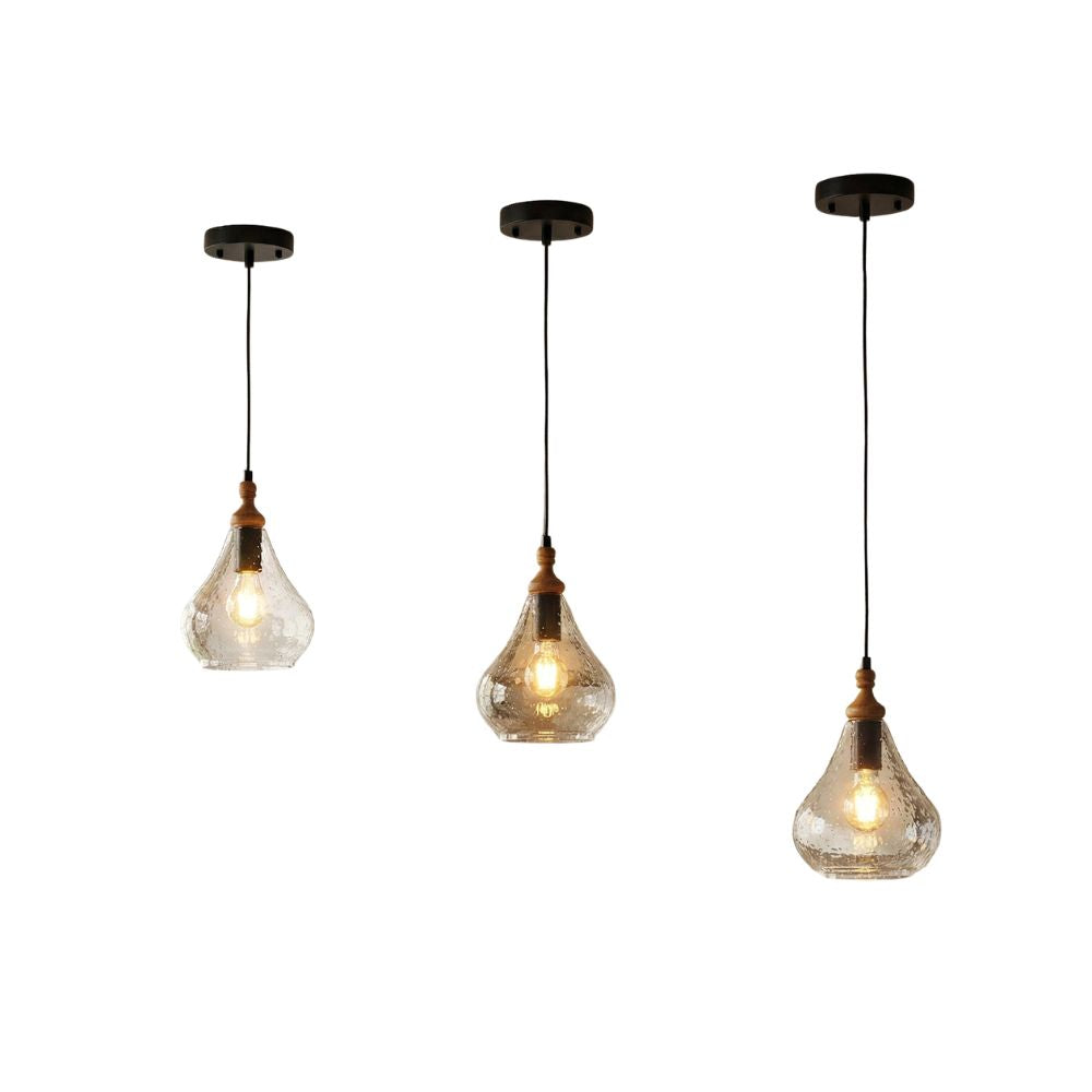 Farmhouse Seeded Glass Teardrop Pendant Light with Wood Accent