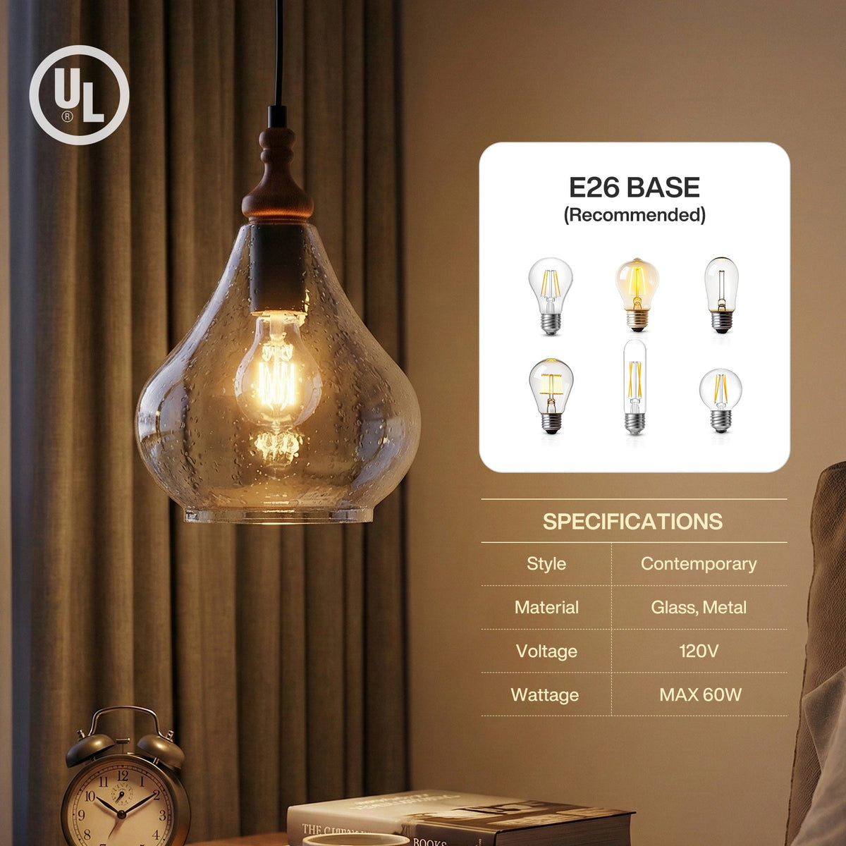 Teardrop pendant light with seeded glass and wood accent, shown hanging in a room with curtains and a clock