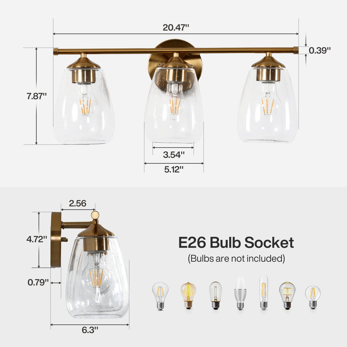 Gold Bathroom Vanity Light, Three-Light Bubble Glass Shades