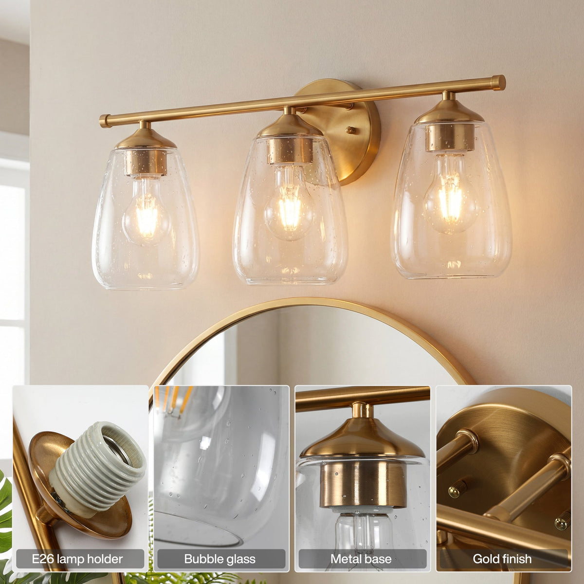 Gold bathroom vanity light with three bubble glass shades, shown mounted above a mirror