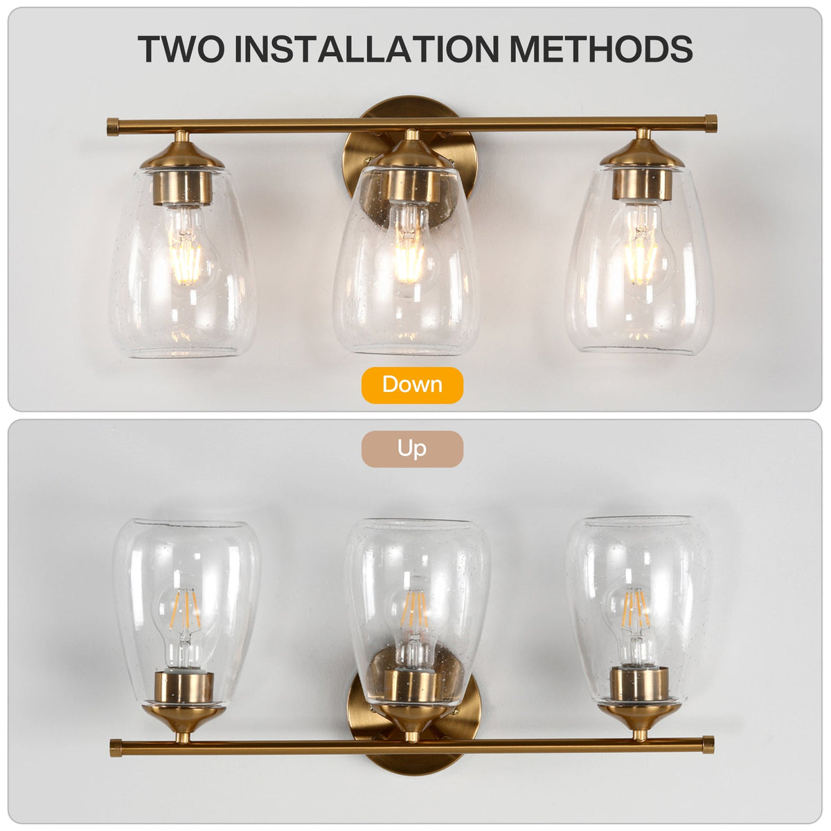Gold bathroom vanity light with three bubble glass shades, shown installed facing down