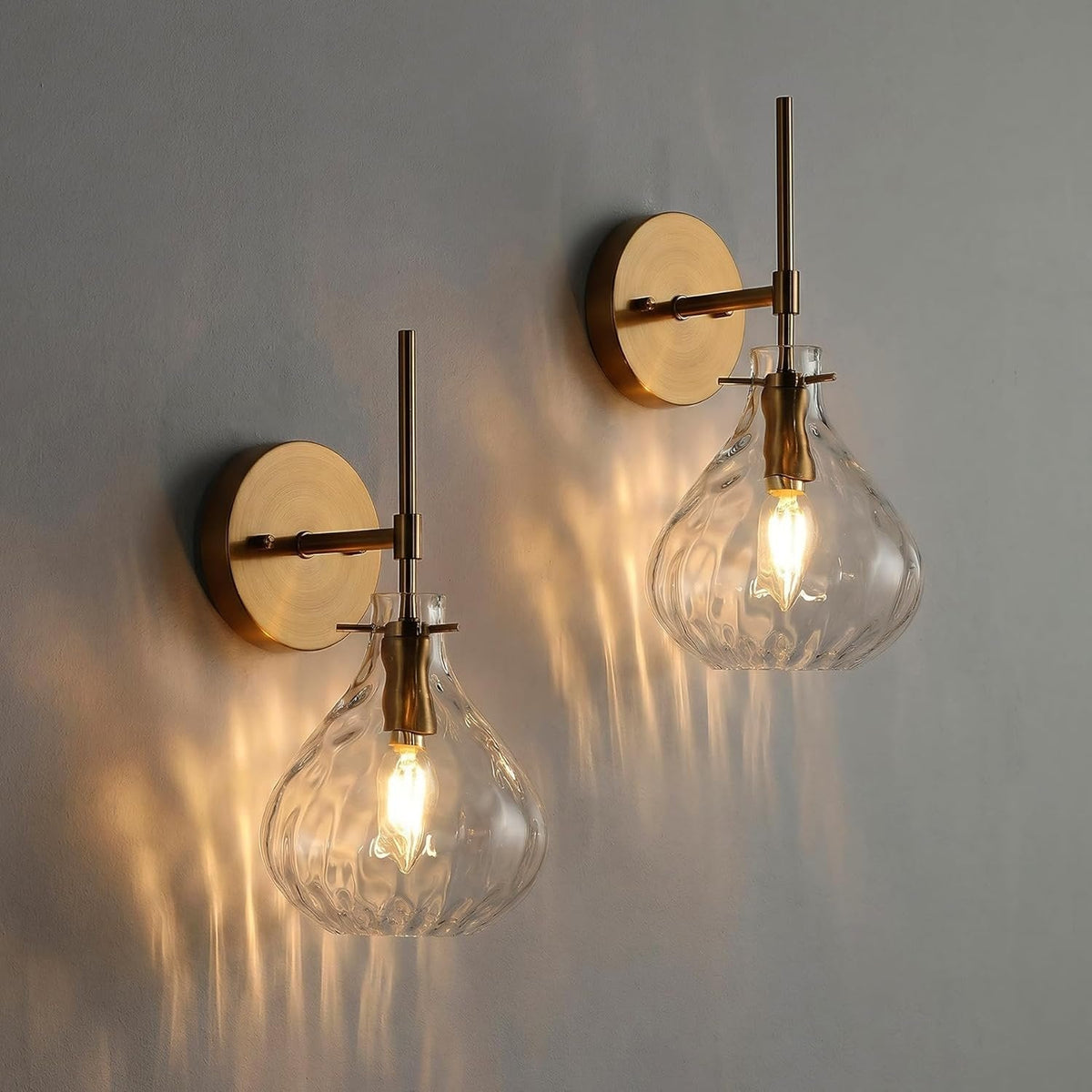 Gold Wall Sconces Set of Two, Hammered Glass Vanity Wall Lamps
