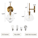 Two gold wall sconces with hammered glass shades, showing dimensions and E12 socket details