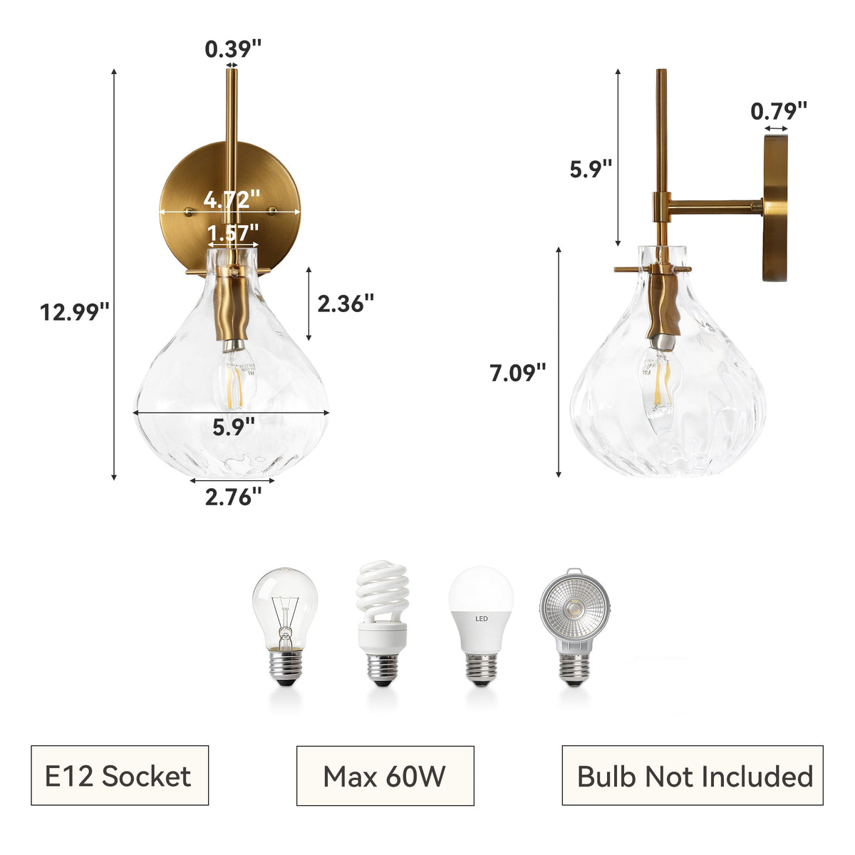 Gold Wall Sconces Set of Two, Hammered Glass Vanity Wall Lamps