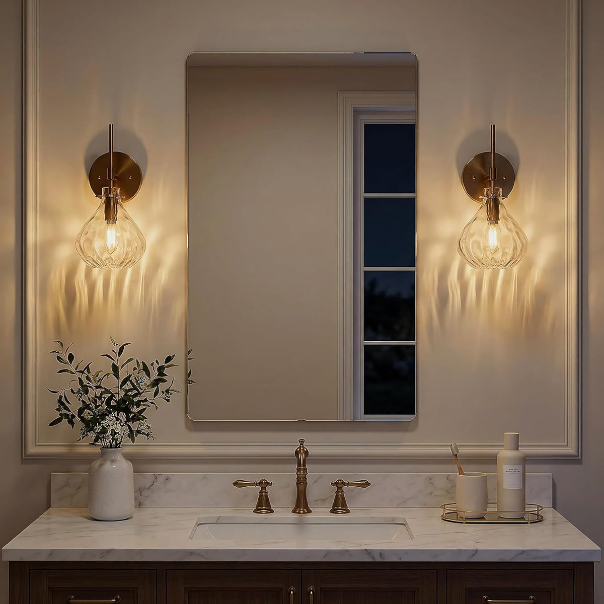 Gold Wall Sconces Set of Two, Hammered Glass Vanity Wall Lamps