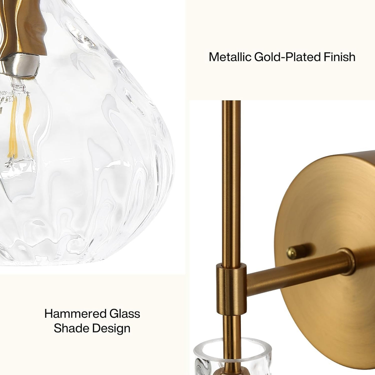 Gold-plated wall sconce with hammered glass shade, shown at close-up angle