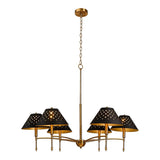 Six-light farmhouse chandelier with matte black shades and gold frame, shown from front angle