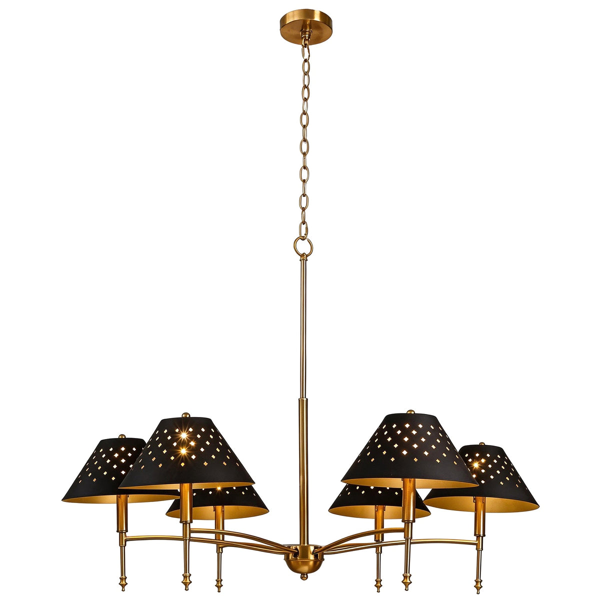 Six-light farmhouse chandelier with matte black shades and gold frame, shown from front angle