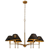 Six-light farmhouse chandelier with matte black shades and gold frame, shown from front angle