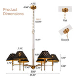 Farmhouse chandelier with matte black shades and gold frame, showing dimensions: 35.43" wide, 62.99" max height