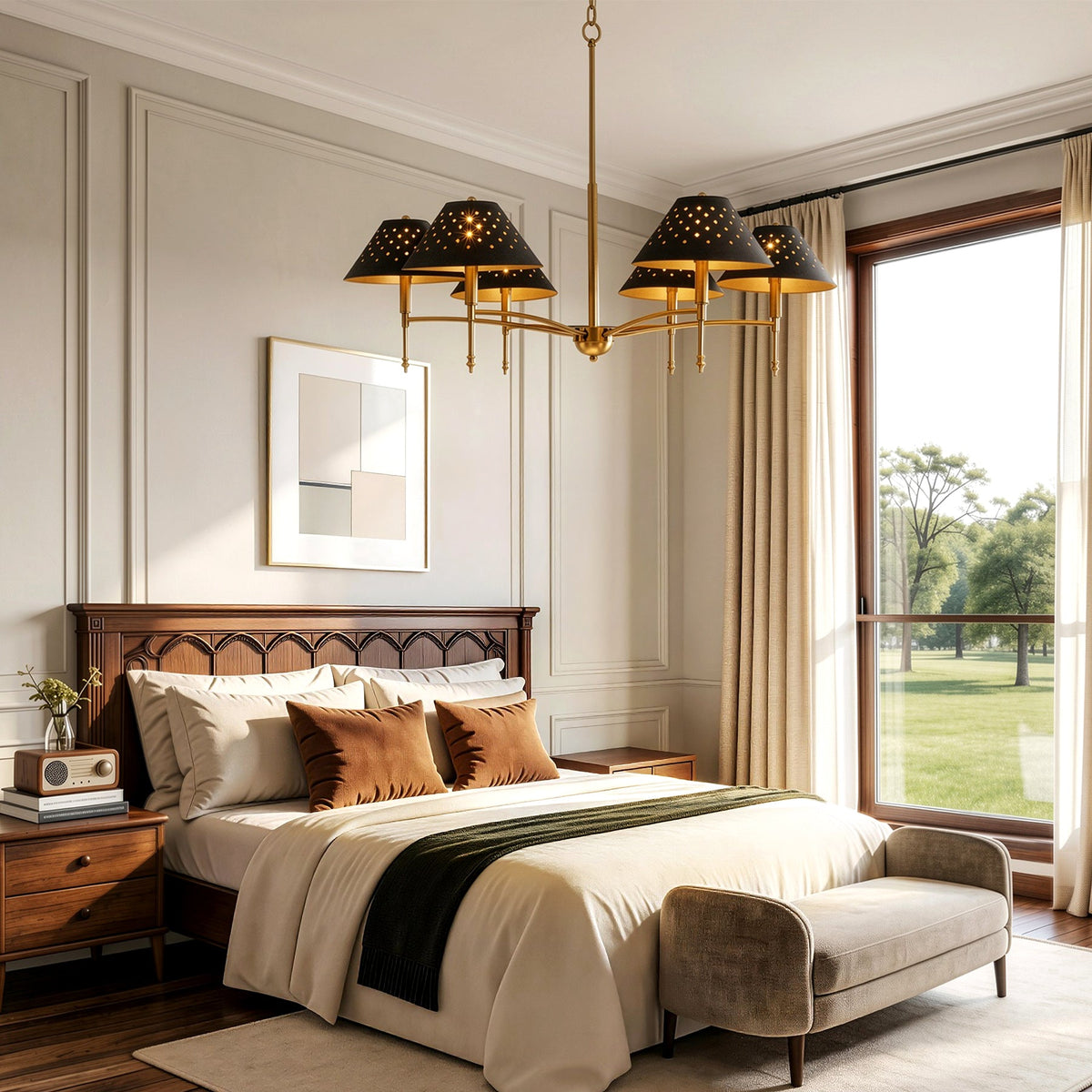Six-light farmhouse chandelier with matte black shades and gold frame hanging in a bedroom