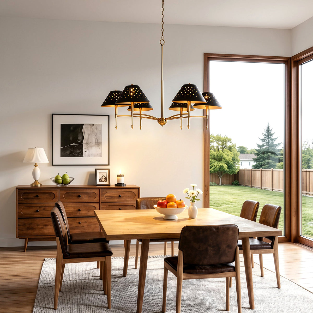 Six-light chandelier with matte black shades and gold frame hanging over a wooden dining table