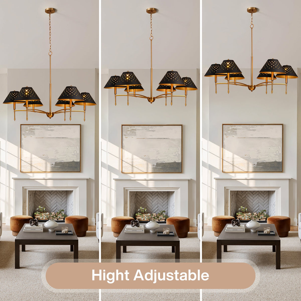 Six-light farmhouse chandelier with matte black shades and gold frame, shown in a living room setting