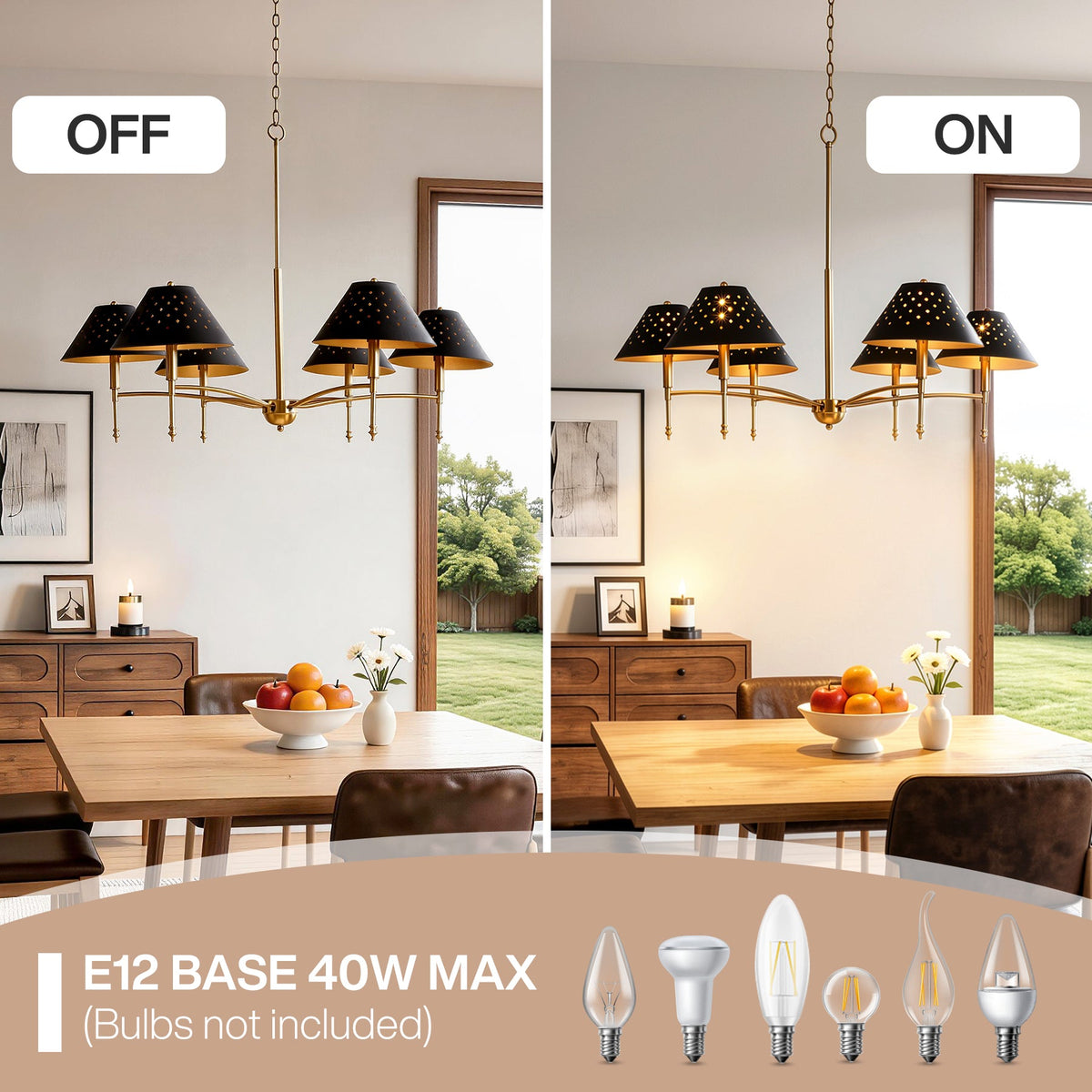 Farmhouse chandelier with matte black shades and gold frame, shown off and on in dining room