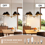 Farmhouse chandelier with matte black shades and gold frame, shown off and on in dining room