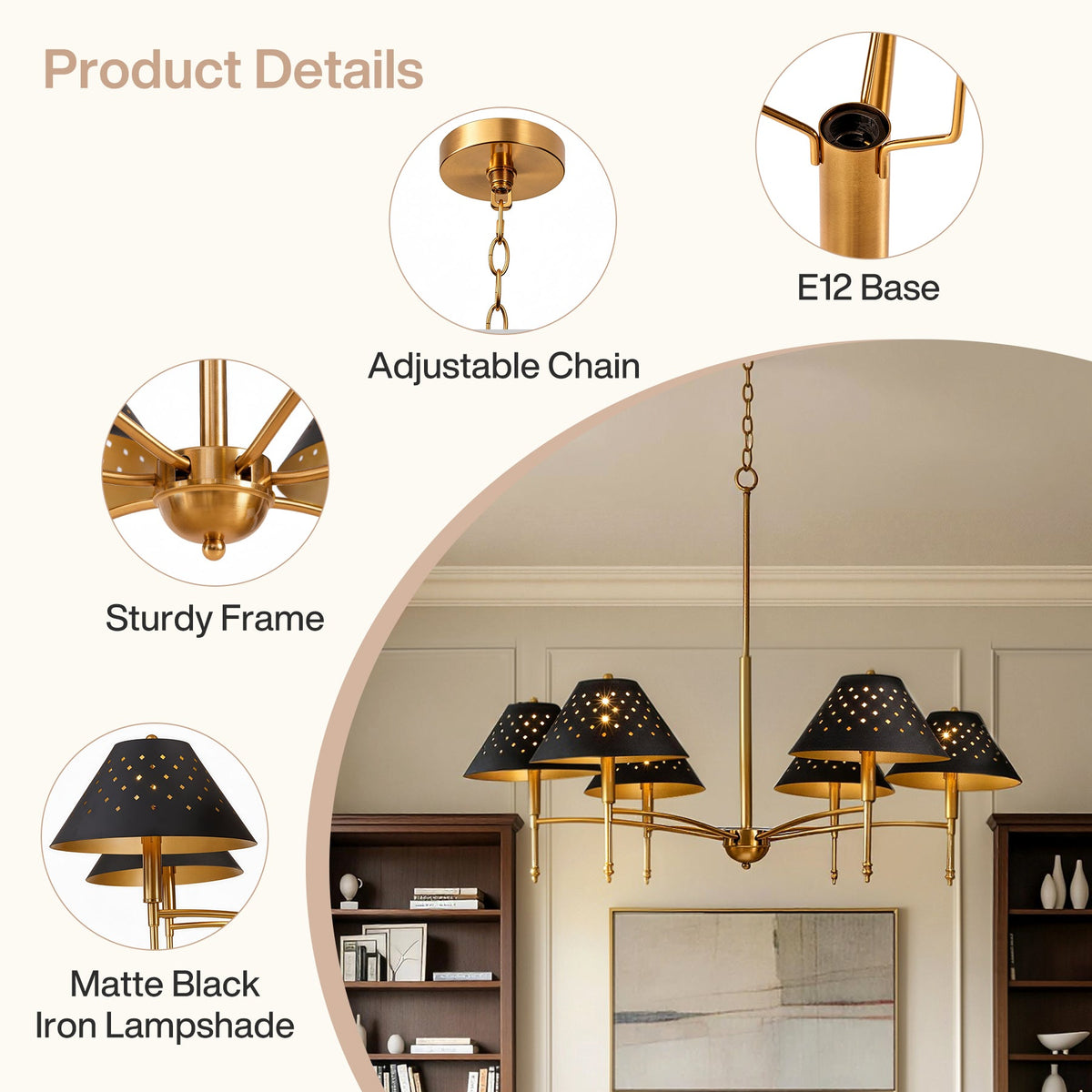 Six-light farmhouse chandelier with matte black iron shades and gold frame in a dining room