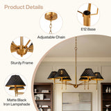 Six-light farmhouse chandelier with matte black iron shades and gold frame in a dining room