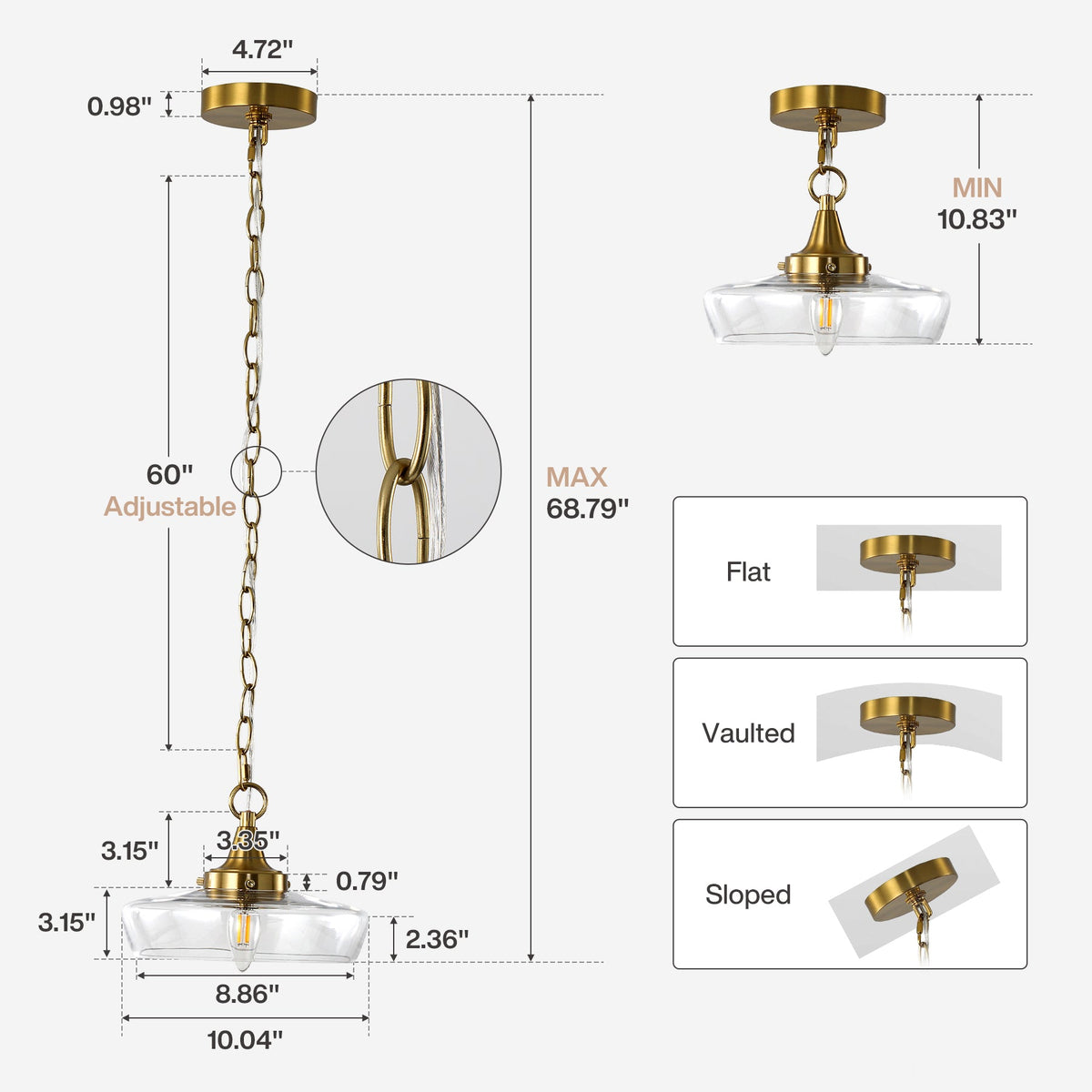 Gold Clear Glass Pendant Light with Adjustable Chain and Swivel Joint