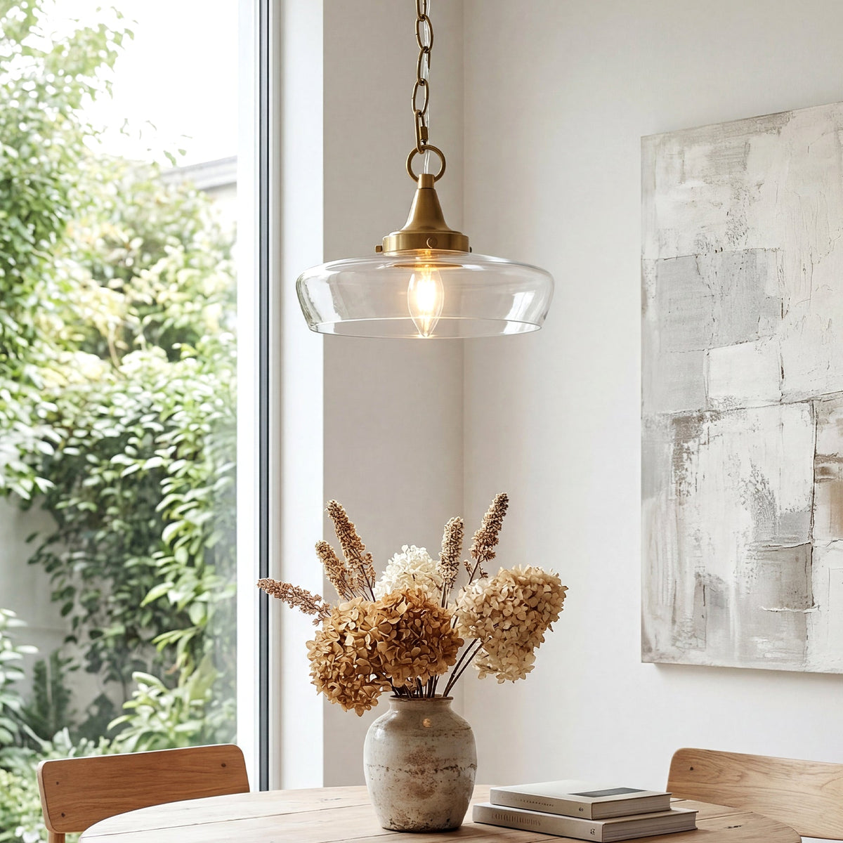 Gold Clear Glass Pendant Light with Adjustable Chain and Swivel Joint