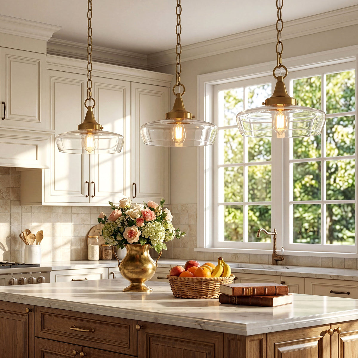 Three gold pendant lights with clear glass shades hang over a kitchen island