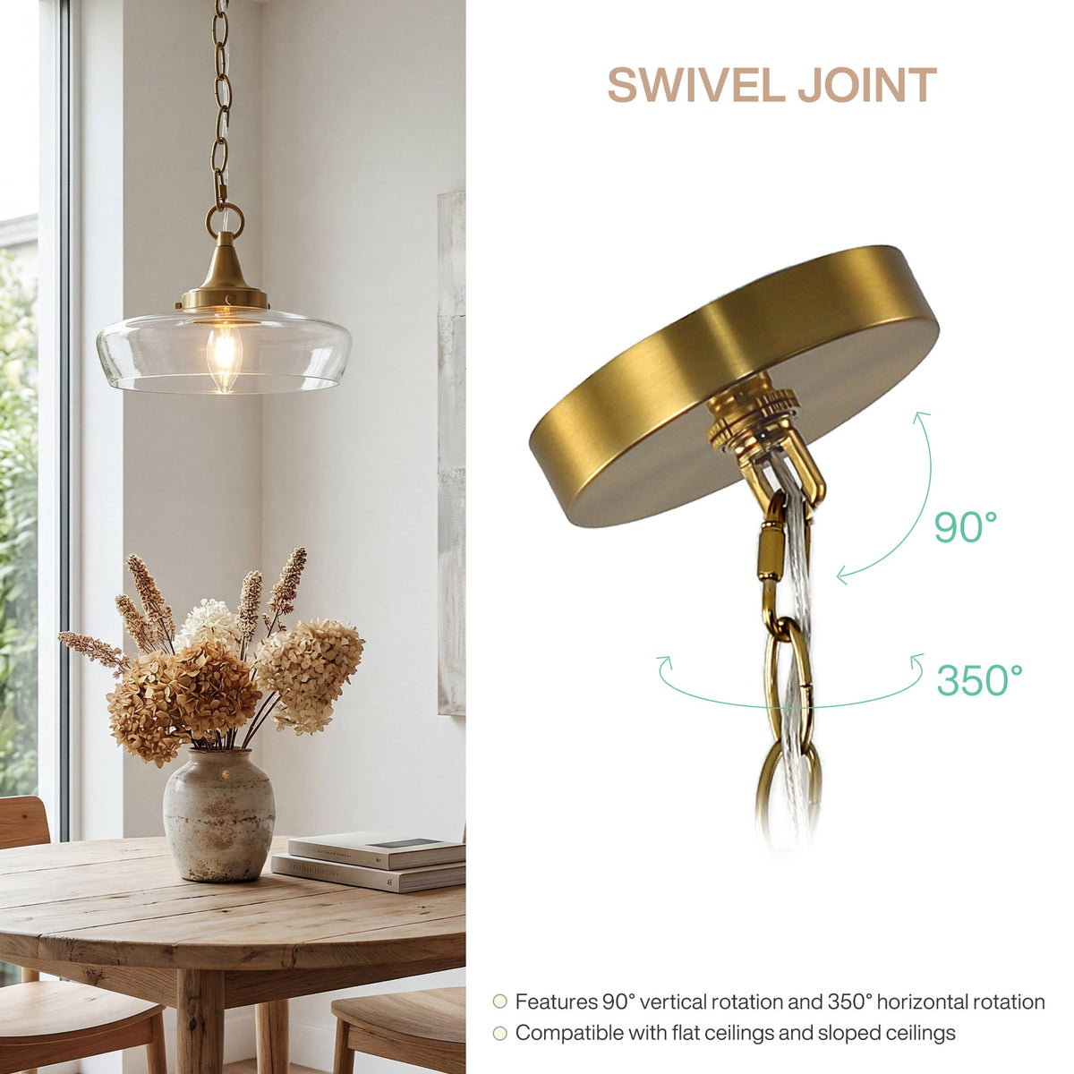 Gold pendant light with clear glass shade, shown hanging over wooden table in dining room