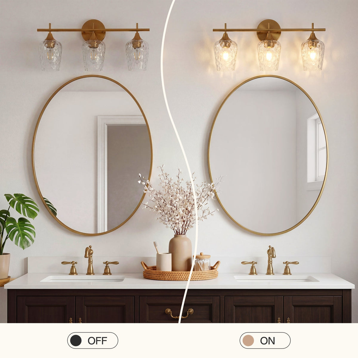 Brushed brass bathroom vanity light with three water ripple glass shades, shown on and off in a bathroom