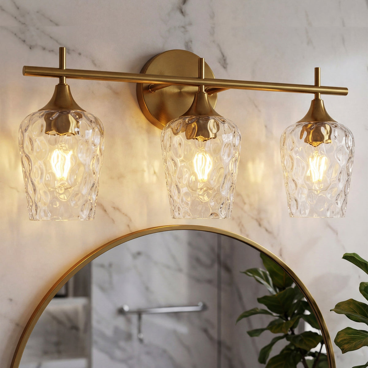 Brushed Brass Bathroom Vanity Light, Three-Light Water Ripple Glass