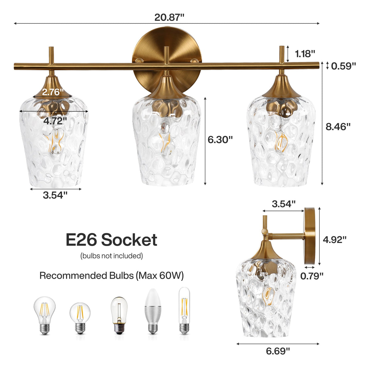 Brushed Brass Bathroom Vanity Light, Three-Light Water Ripple Glass